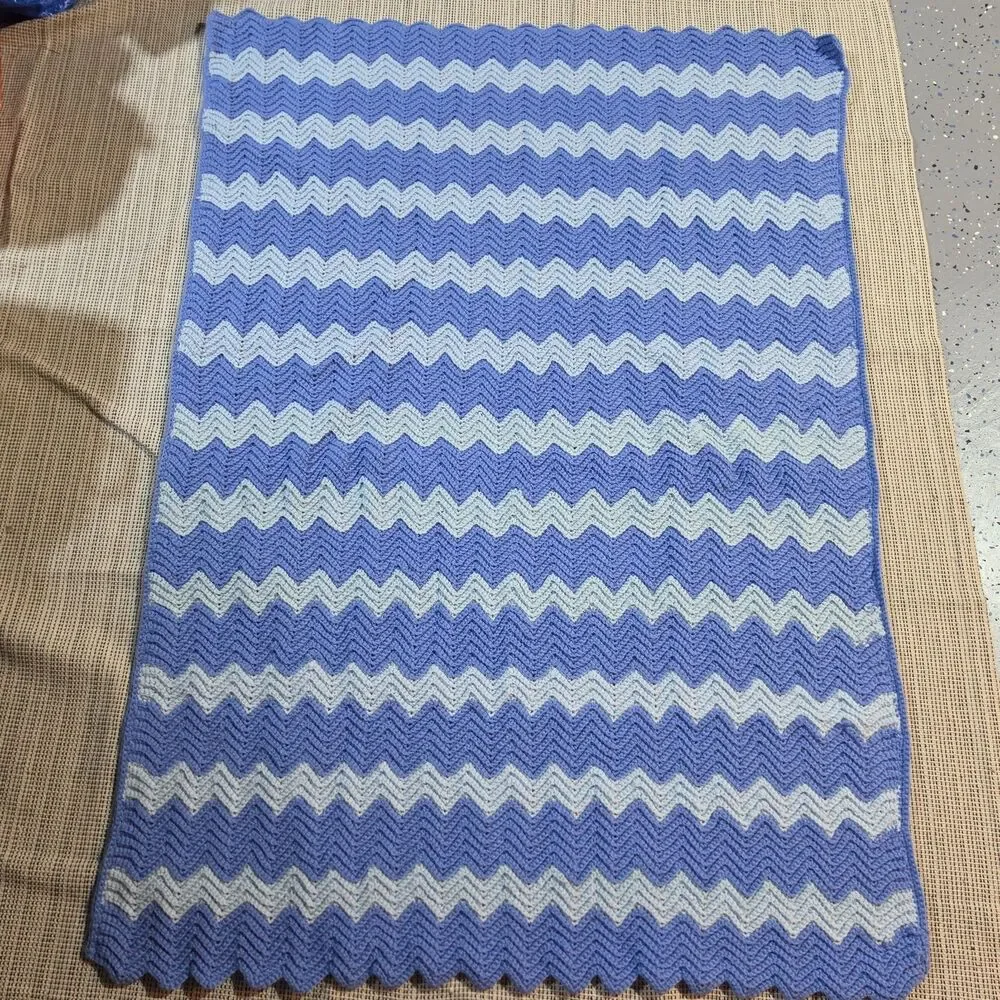 Vintage Wool Crochet Chevron Afghan Blanket 58x38” Blue Indigo Waves Retro Throw